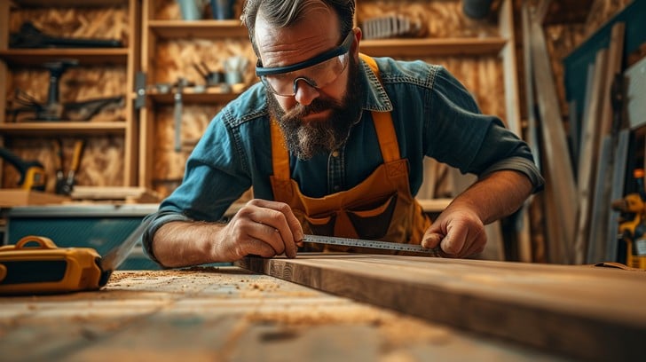 Artisan carefully measuring a piece of wood