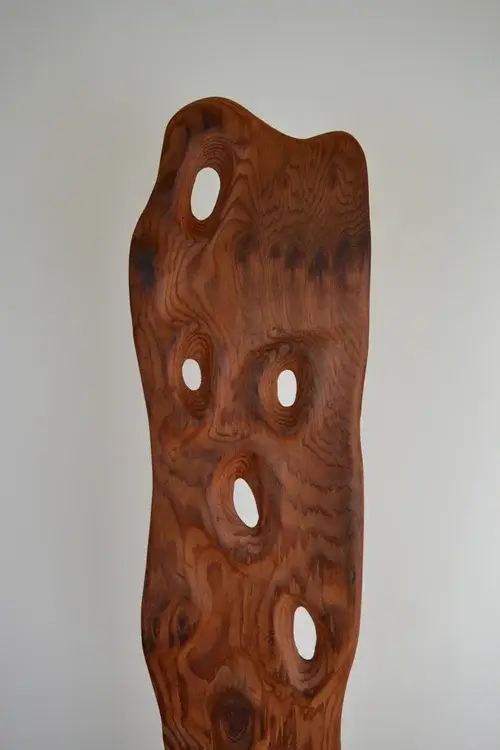 Abstract wooden sculpture with flowing lines, presented as a fine art piece