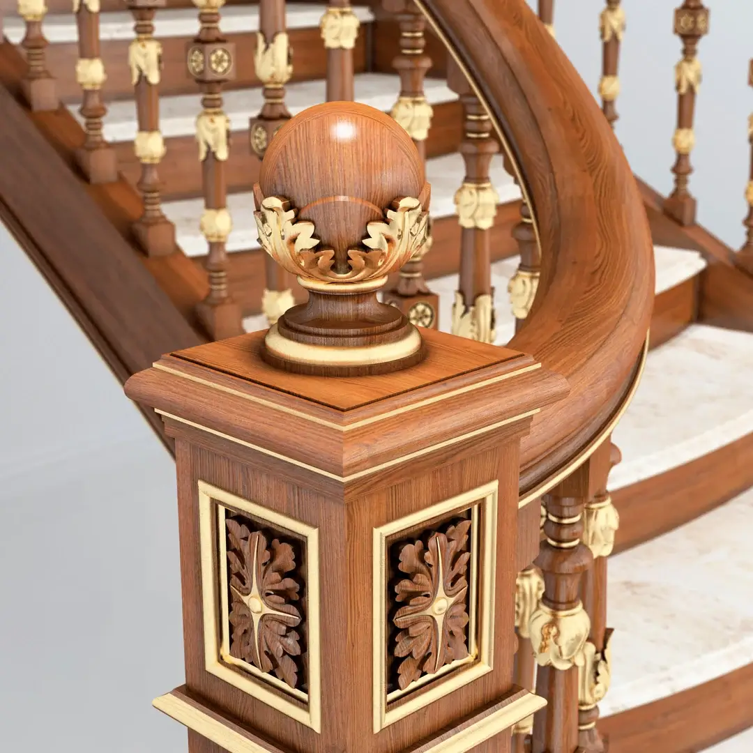 An elegant wooden staircase with carved newel posts and railings